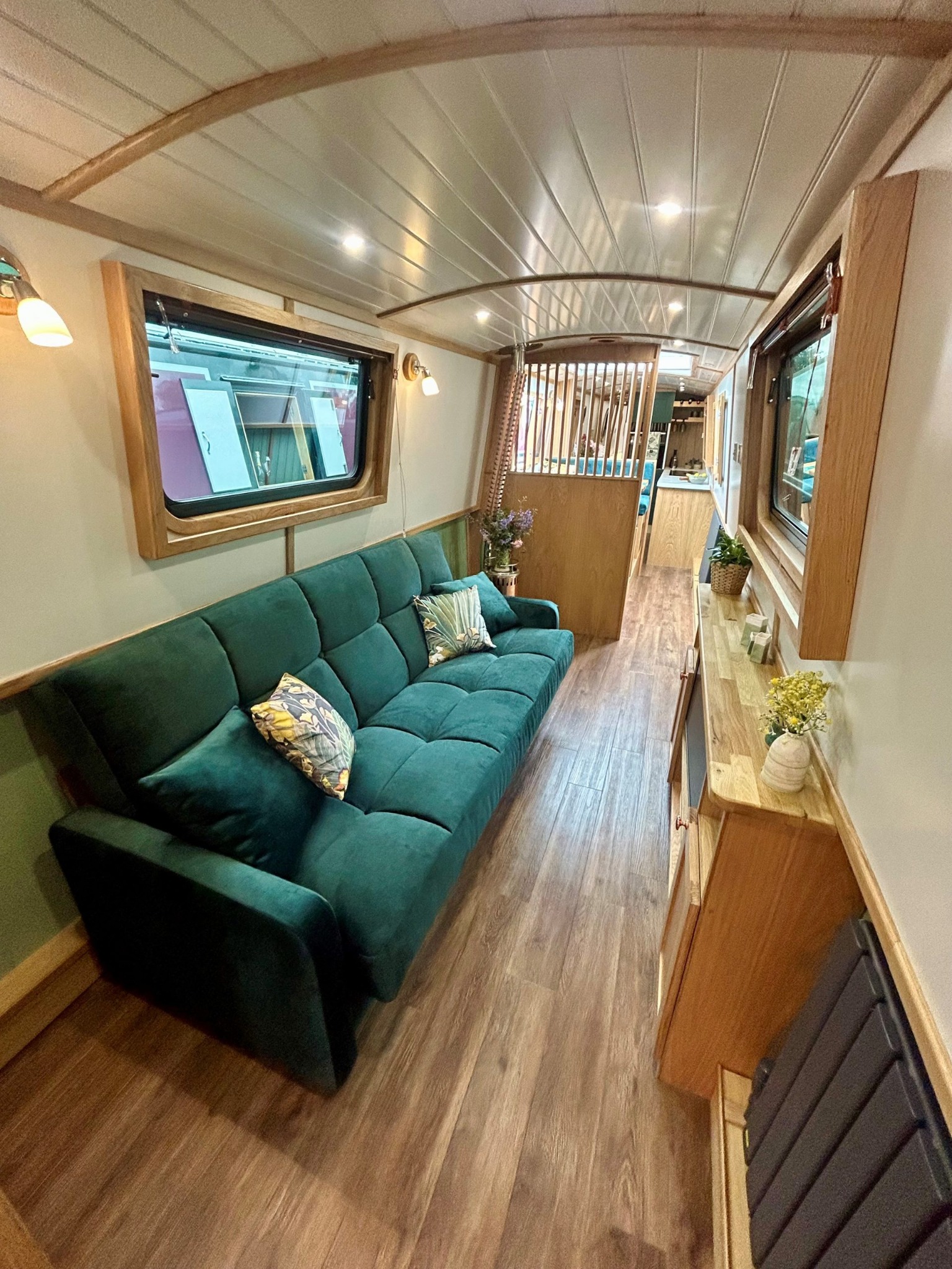 Bespoke saloon aboard a Bluewater electric narrowboat