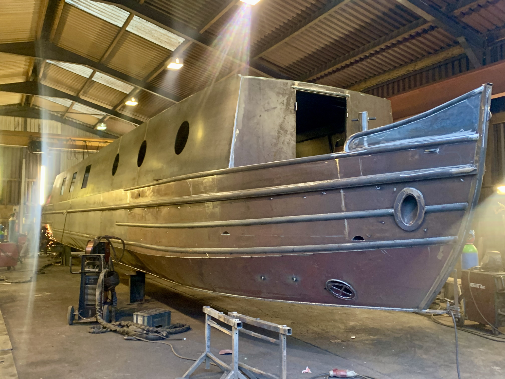 Steel hull under construction in the Bluewater Boats workshop